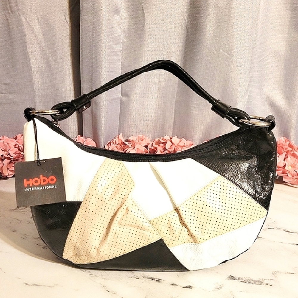 NWT HOBO Int'l Black with Multi-Color Leather Patchwork Design Shoulder Bag